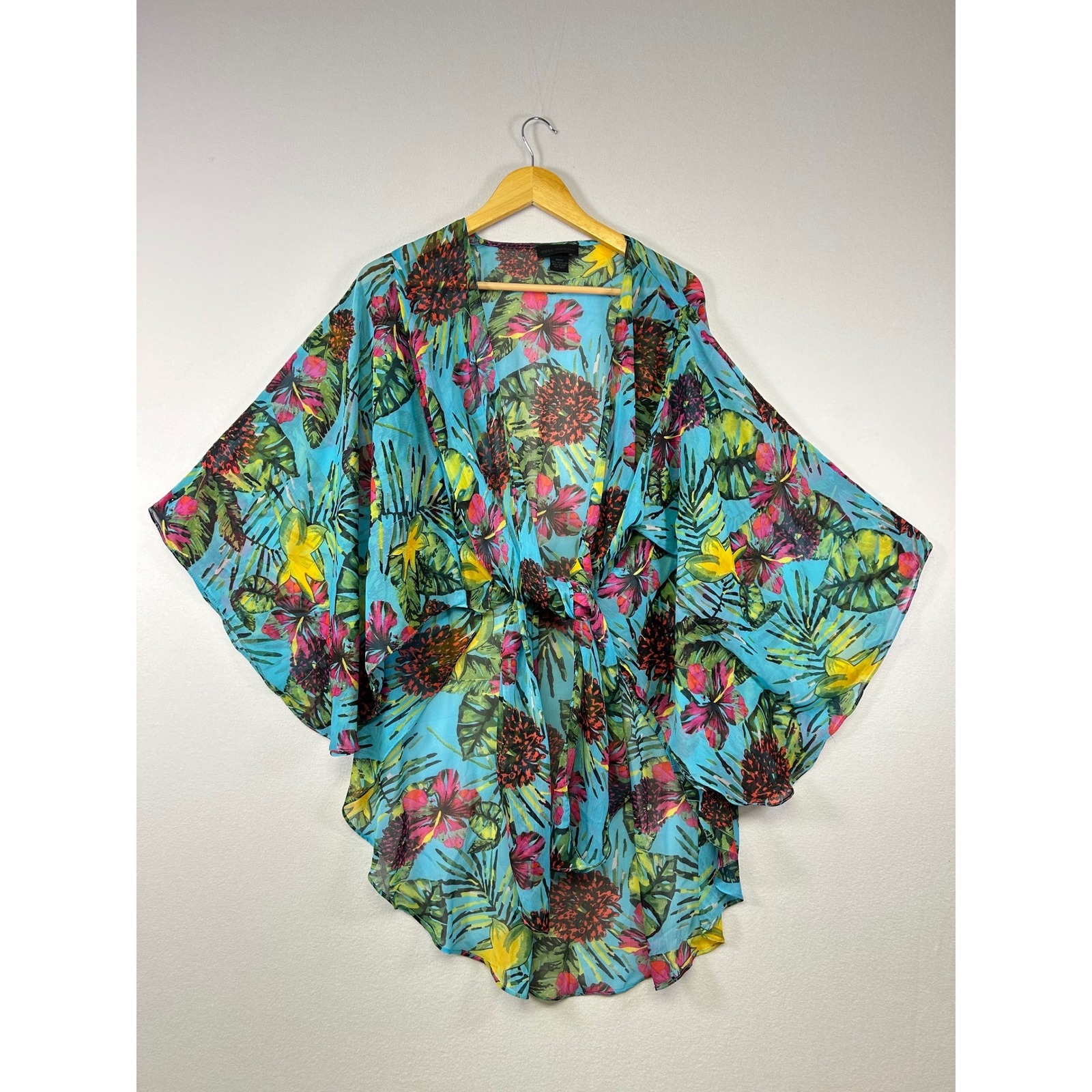 Steve Madden Kimono Wrap Womens Osfm Blue Tropical Floral Tie Front Cover Up